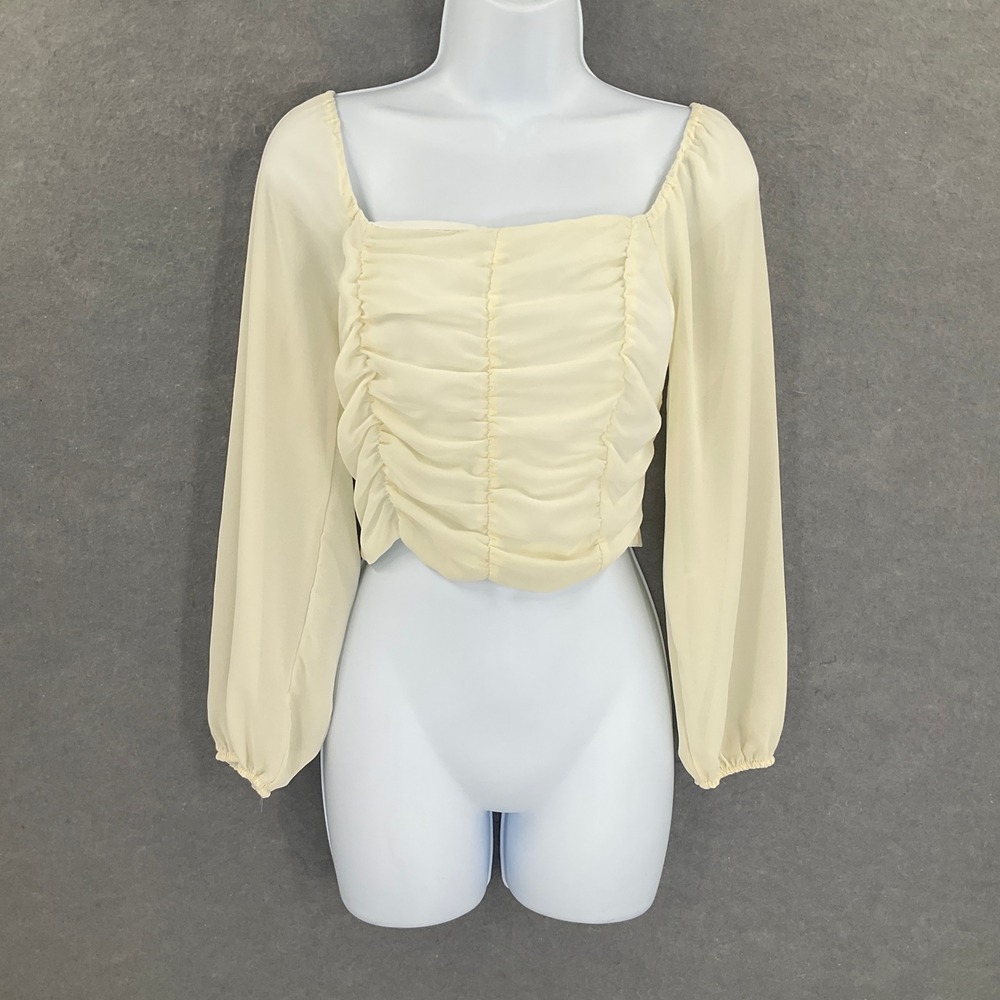 Love Tree‎ Top Sz S Cream Ruched Square Neck Bohemian Cropped Blouse Peasant